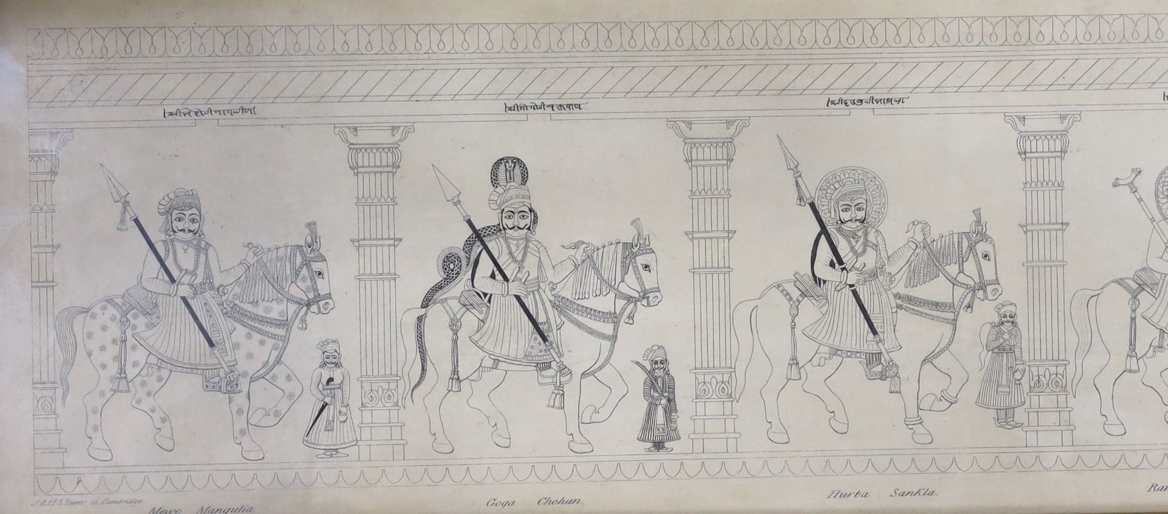 J & H Storer, engraving, Indian frieze titled 'Pabooji, on Kesur Kali', 16.5 x 95cm